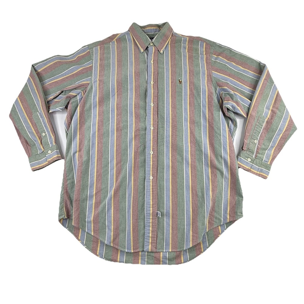 VTG Ralph Lauren Oxford Button Down Flesh Pony Blue Green Red Striped Mens 17-35